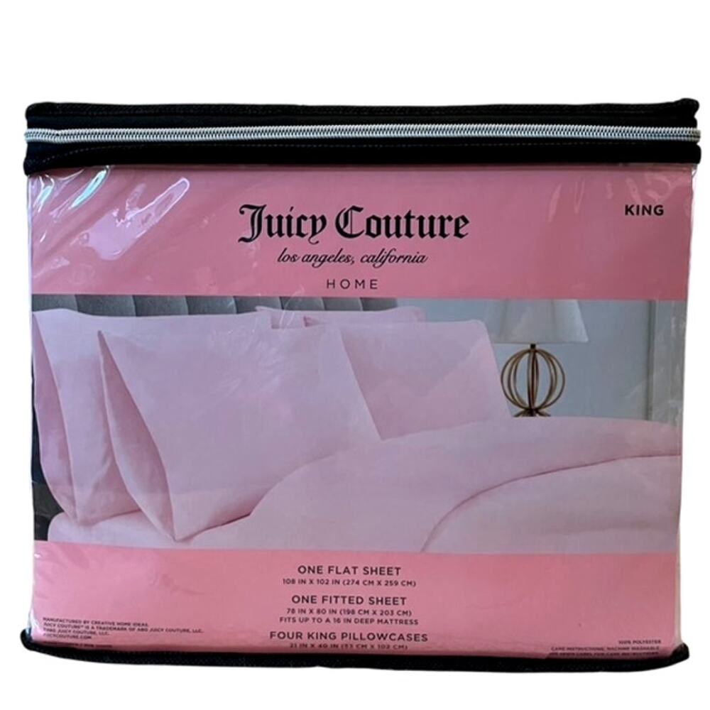 Juicy Couture KING Sheet Set 6pc Pastel Pink Plush Luxe Glam Bedding New